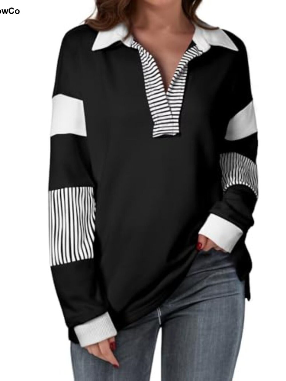 Oversized Color Block Long Sleeve V-Neck Pullover Sweatshirt Women Casual - Picture 1 of 6